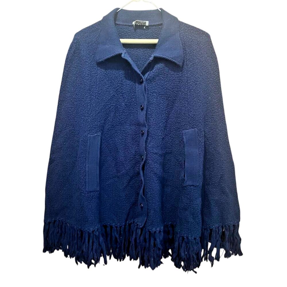 Vintage 60s 70s Rosanna Wintuk Blue Fringe Shawl – Boho Cape Wrap OS
